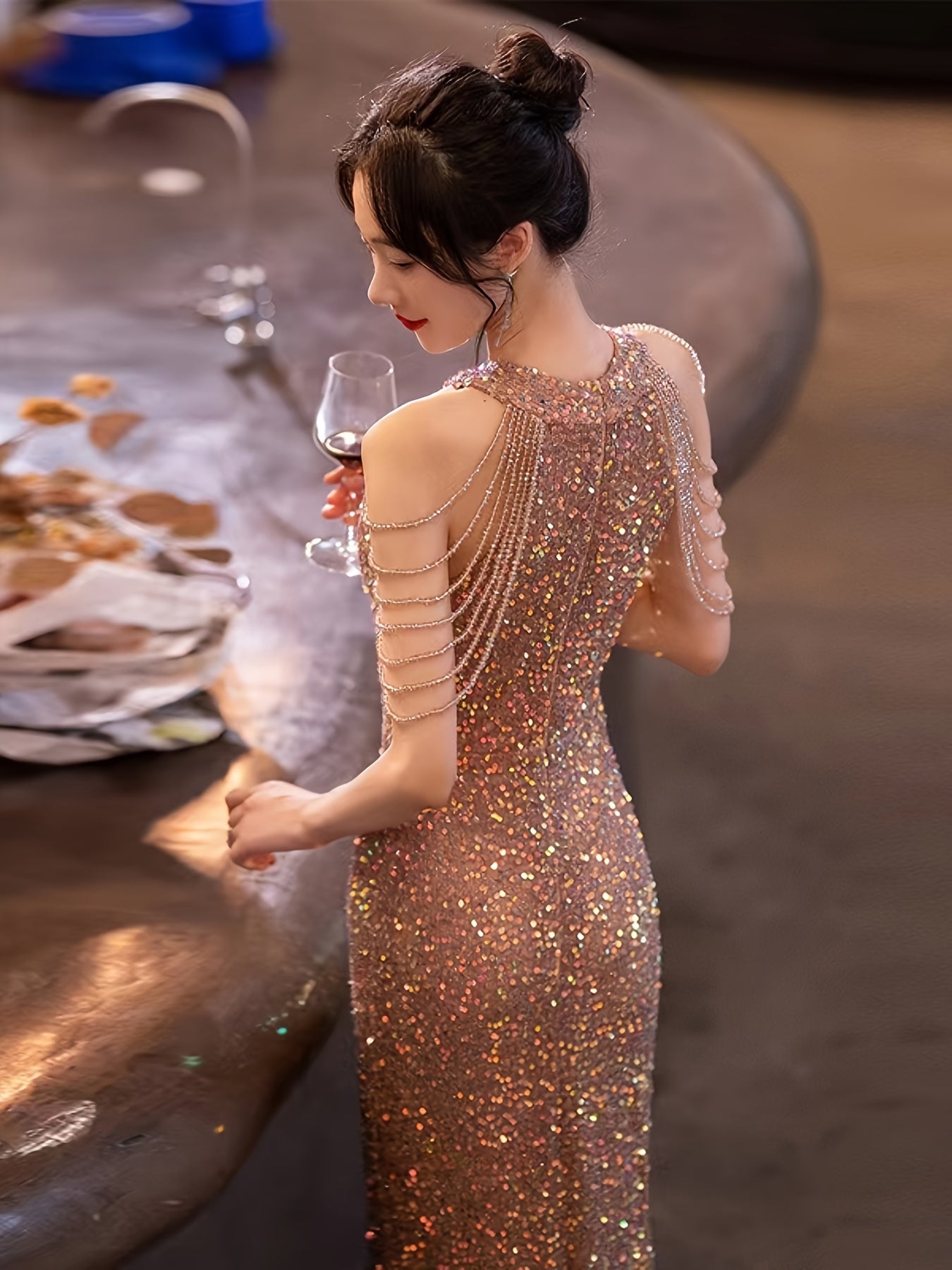 V-Neck Bodycon Long Evening Gown, Luxury Birthday Party Dress, Knit Fabric, Zipper, Solid Color, All-Season, for Adult Women
